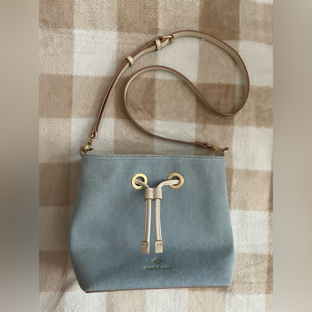 Nanette Lepore Light Blue Denim Canvas Drawstring Crossbody Bag with Cream Trim
